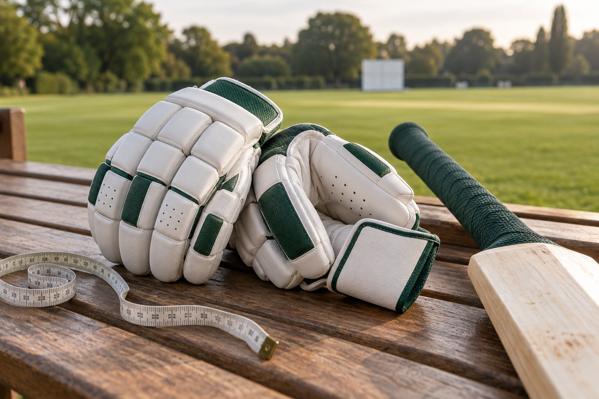 Cricket batting gloves beside a bat handle and measuring tape