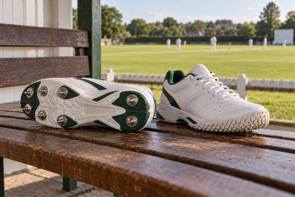 A spiked cricket shoe beside a rubber-soled cricket shoe