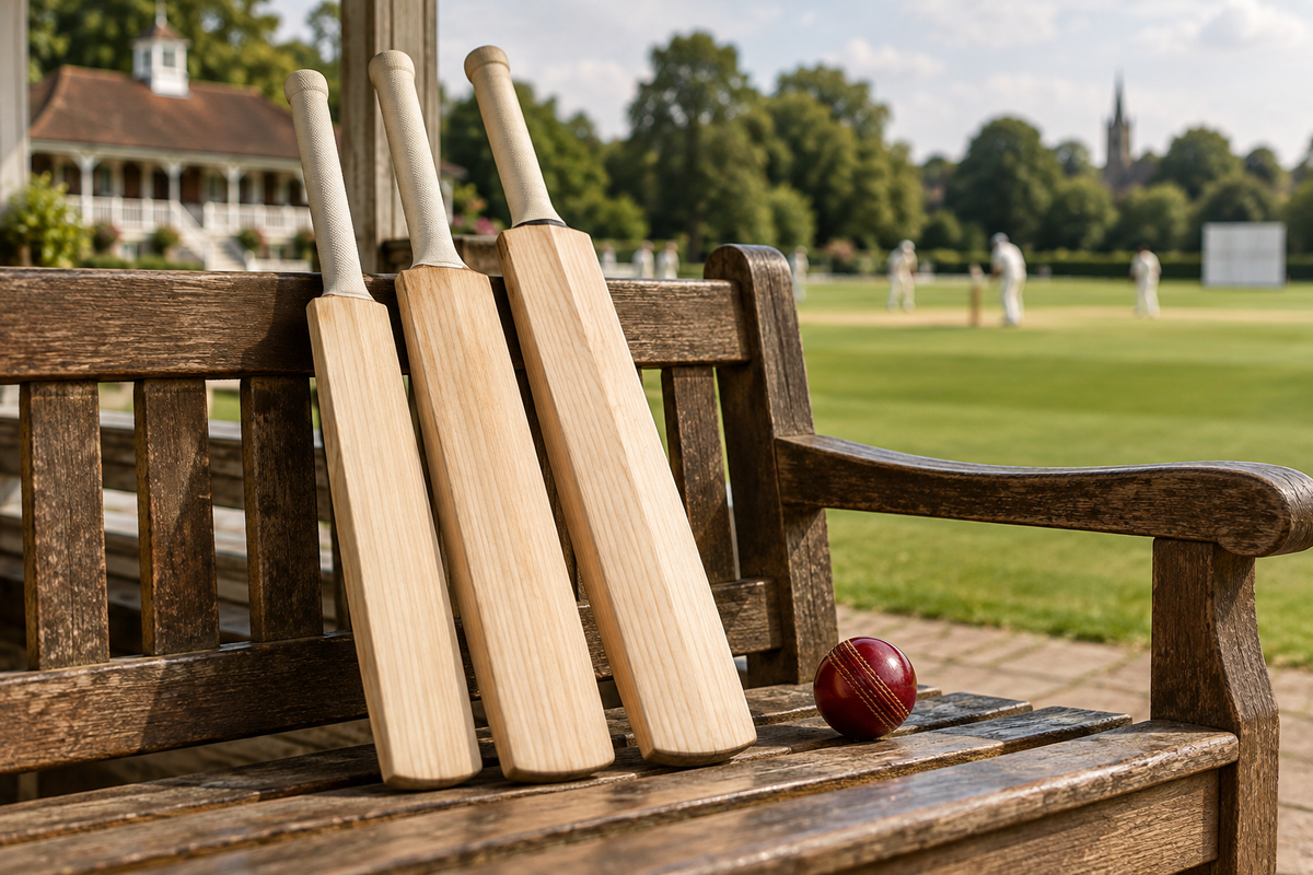 Three willow cricket bats and a red cricket ball on a pavilion bench