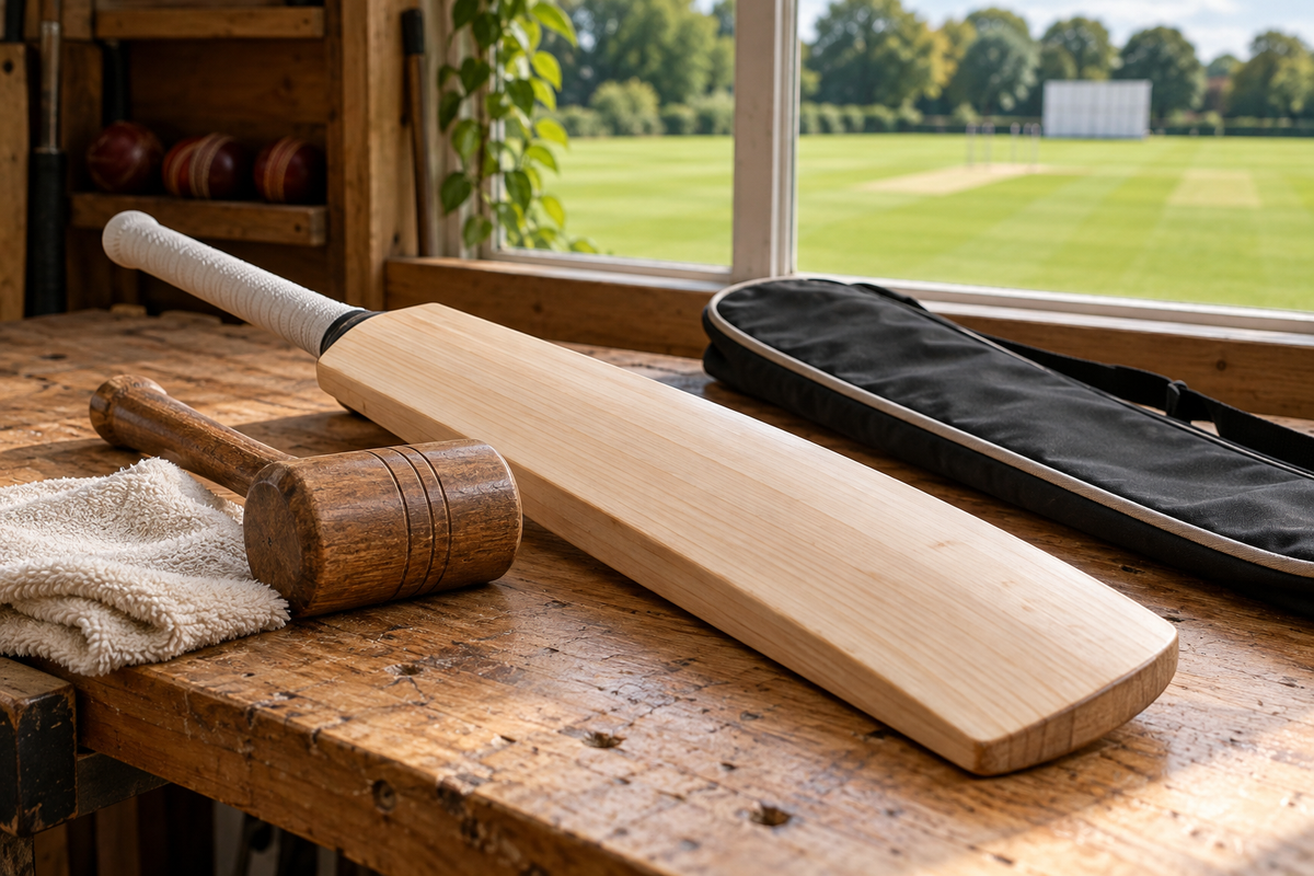 A cricket bat beside a wooden mallet, cloth and bat cover