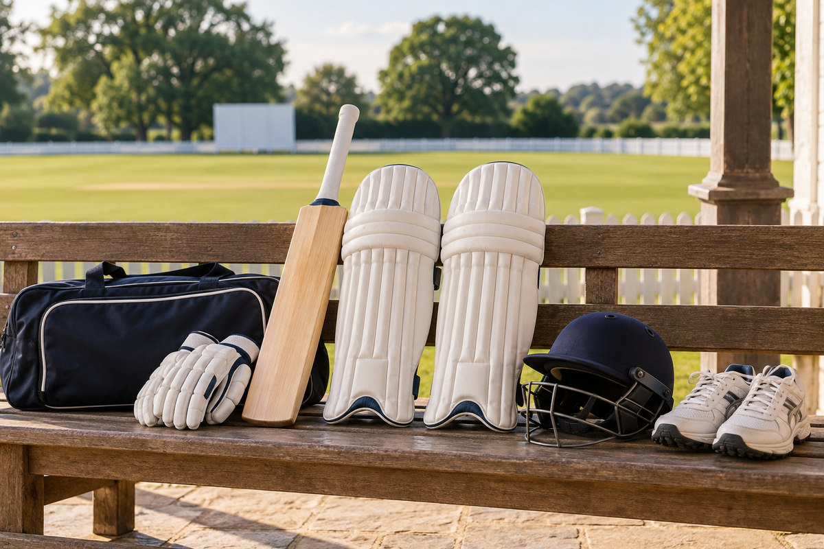 Junior cricket bat, pads, gloves, helmet, shoes and kit bag on a bench