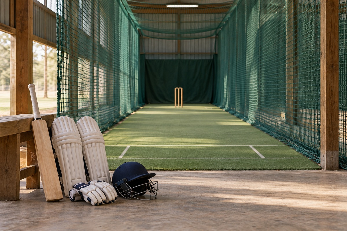 Cricket bat, pads, gloves and helmet beside an indoor practice net